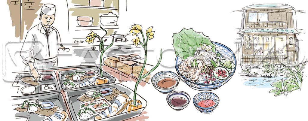 グルメ雑誌「あまから手帖」記事用イラスト 料理&店内風景イラスト（Adobe Illustratorによる手描き風イラスト）