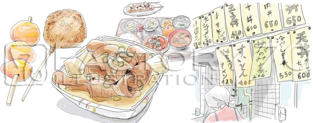 書籍本文イラスト制作例 昭和の競馬場のB級グルメのイラスト（デジタル制作）