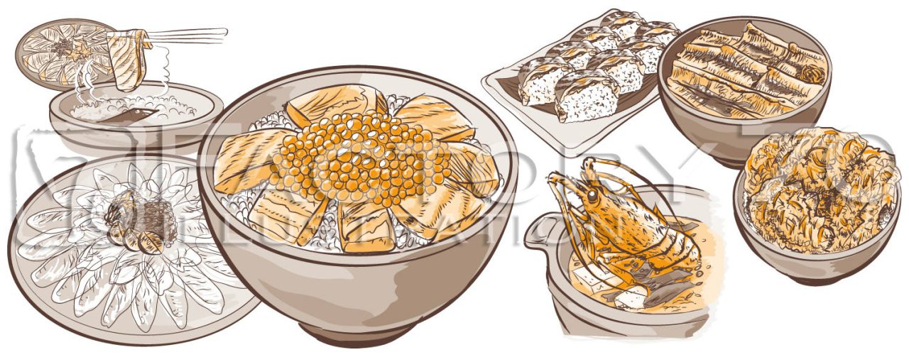 旅行雑誌グルメイラスト制作例(Adobe Illustratorによる手描き風・2色刷り)