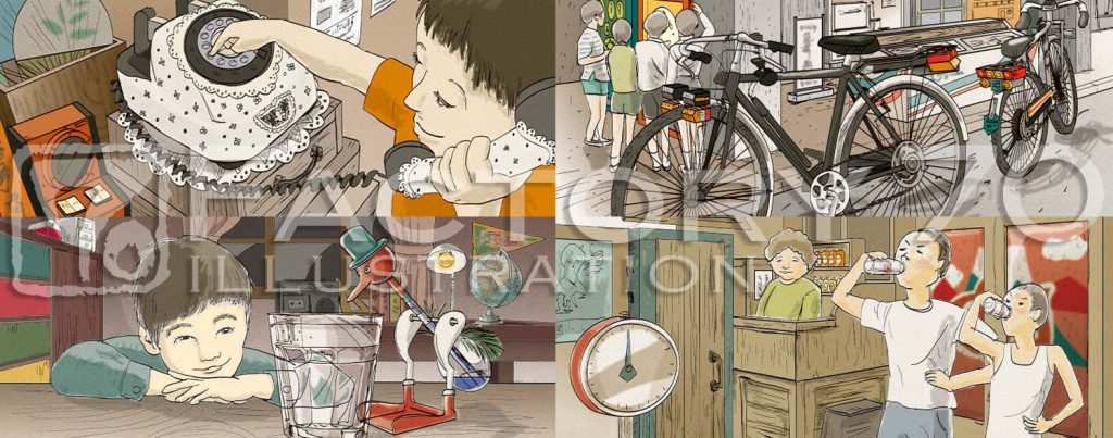 飲料パッケージイラスト制作例（明治「昭和浪漫ミルクコーヒー」昭和の風景イラスト, Illustrator）