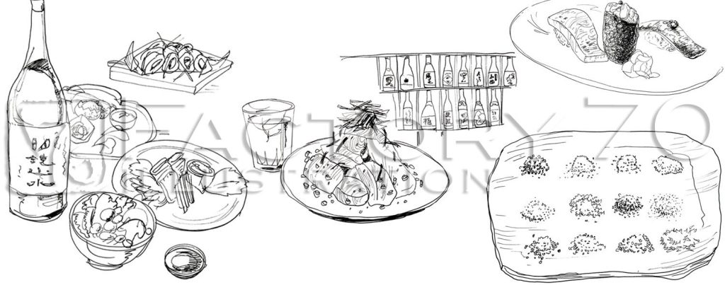 グルメエッセイ本 「男の居場所」勝谷誠彦著 本文イラスト 料理イラスト制作例(モノクロ)