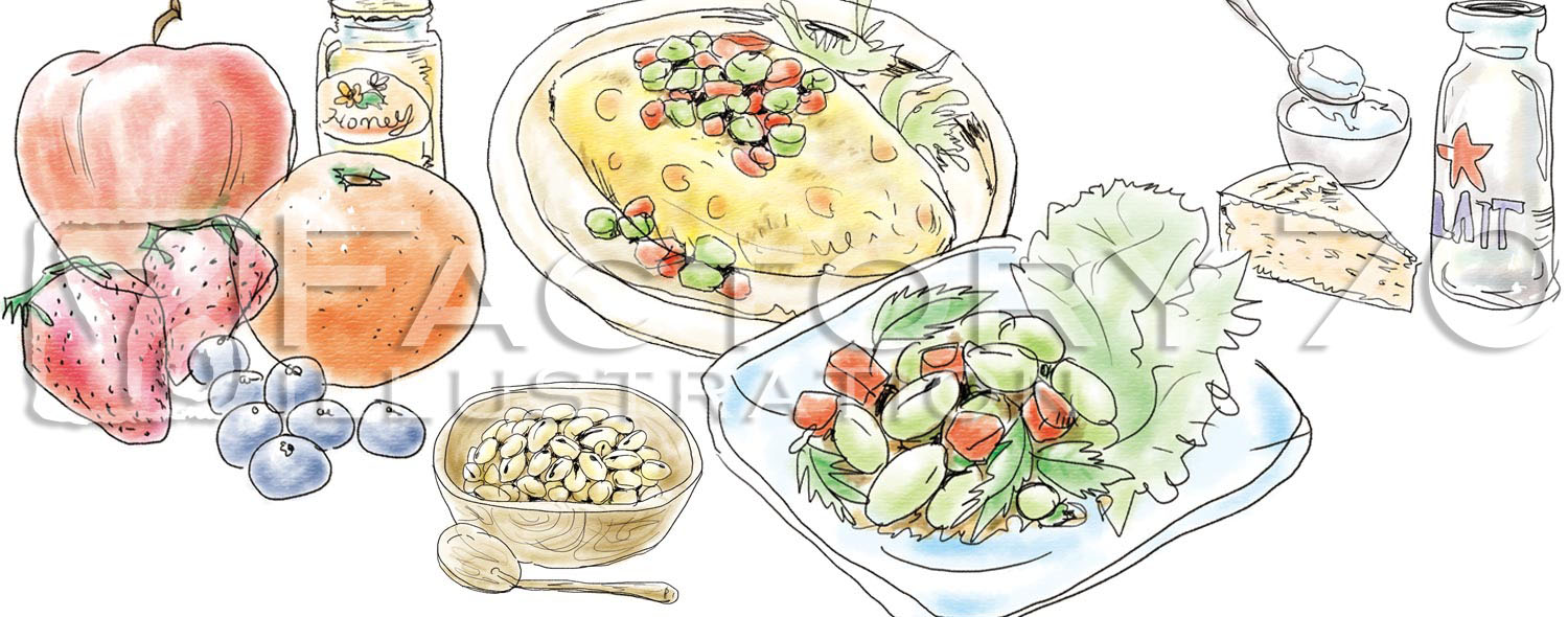 主婦と生活社 ムック 美容食材・料理イラスト制作例（デジタル/手描き水彩風）