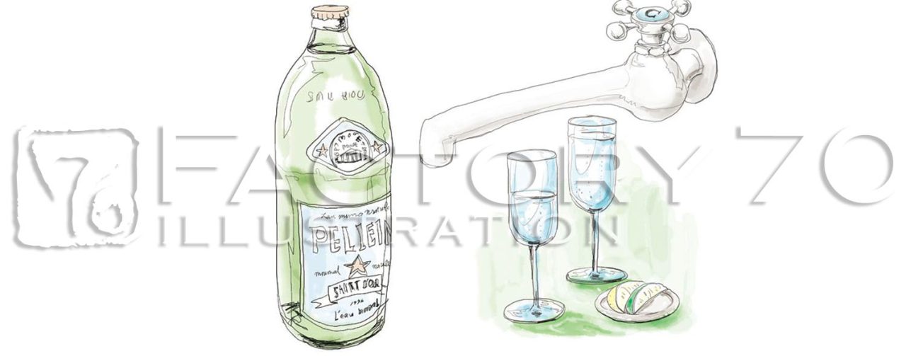 料理雑誌向けイラスト制作例 雑誌「料理王国」本文イラスト(ミネラルウォーター、グラス、テーブル)